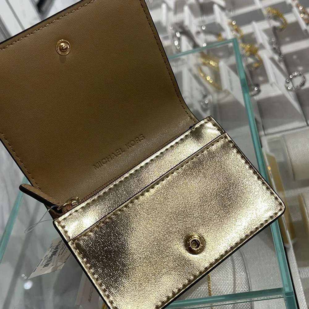 MICHAEL KORS Carson Small Metallic Pebbled Leather Wallet Pale Gold  NWT